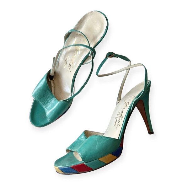 Vintage Garolini‎ Ankle Strap Heel, Patchwork Platform,  Size 8N - Picture 1 of 14